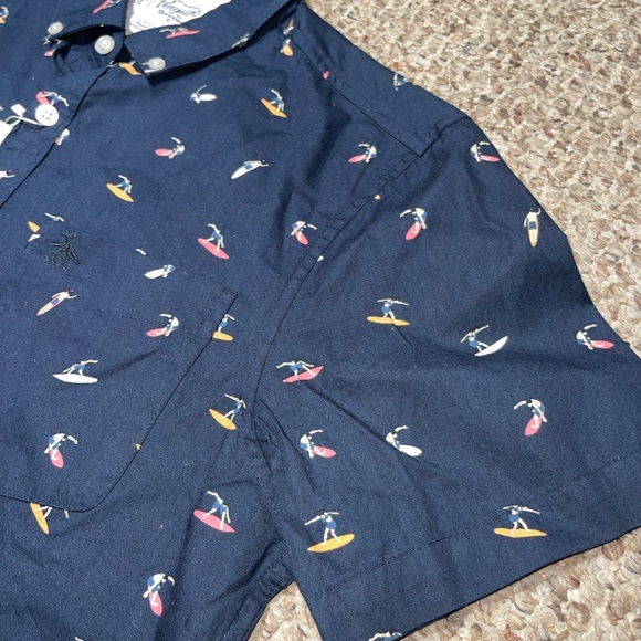 Penguin Men's Small All Over Surfer Graphic Print Short Sleeve Button Down Shirt - Picture 5 of 10